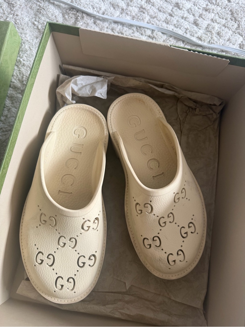 Gucci Cream Perforated GG Leather Clogs